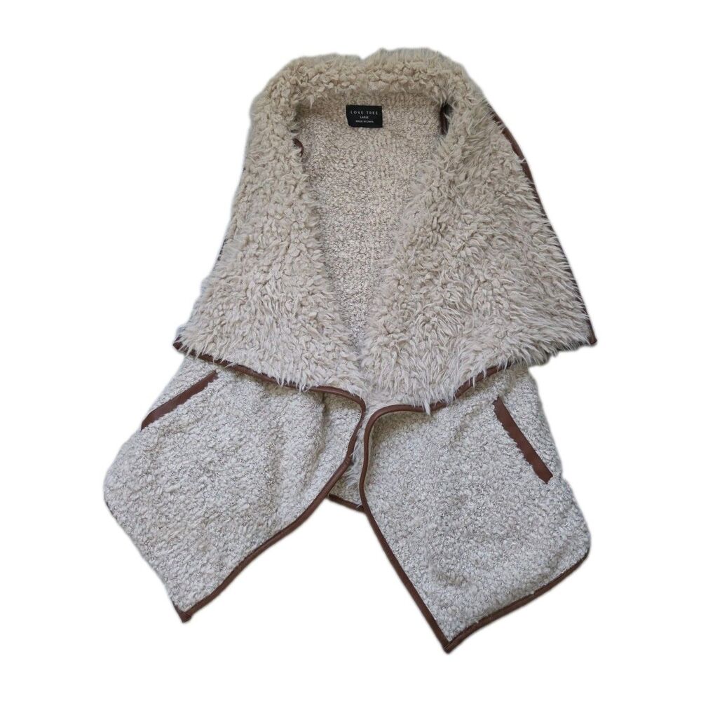 Love Tree Cream Wool Blend Sherpa Faux Leather Trim Draped Vest Size L EUC